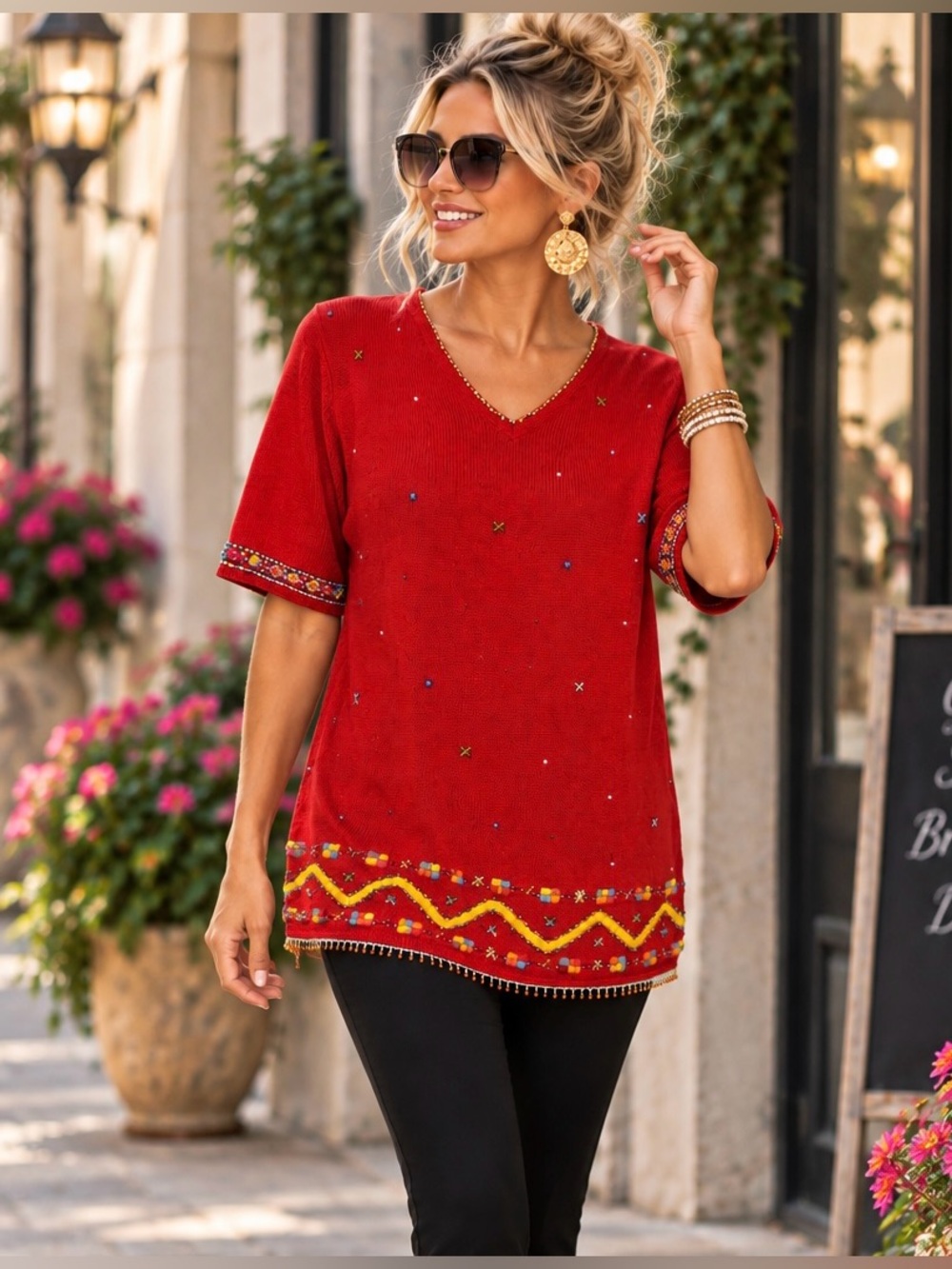 Denim & Co Red Beaded Embroidered Knit Tunic Top Boho Art to Wear M